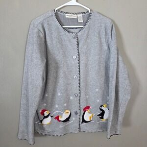 Womens Christmas Sweater Fleece Cardigan Size Large Gray Penguin Winter